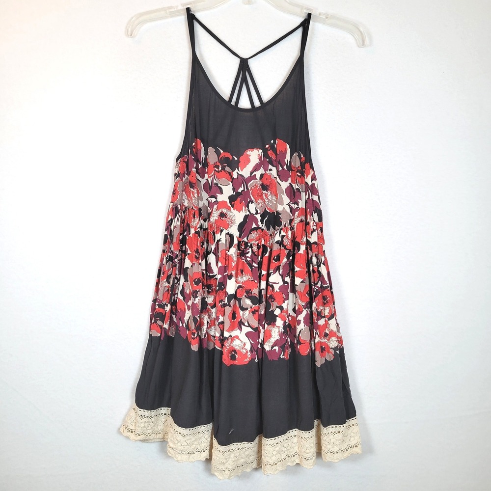Free People Womens Floral Crochet Slip Tunic Top Dress Size XS Black Festival